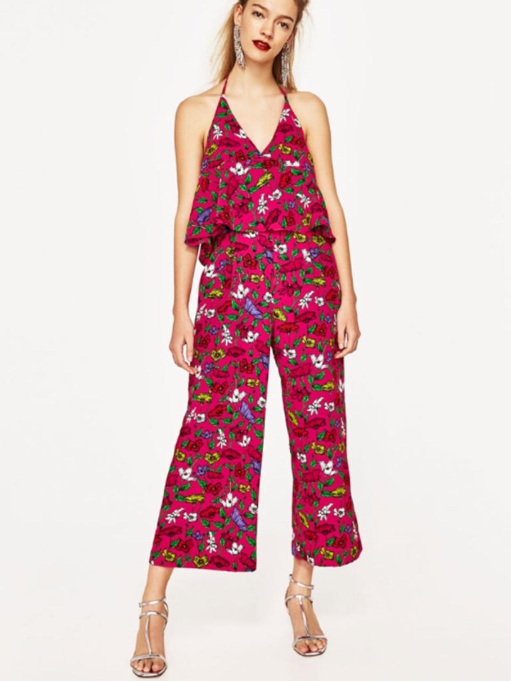 Zara Bright Pink Floral Tiered Halter Romper Jumpsuit